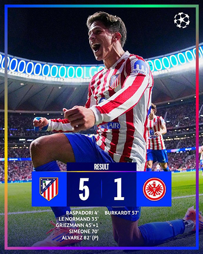 欧冠：马竞5-1法兰克福 小蜘蛛1球2助格子200球里程碑+造点