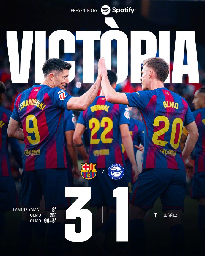 西甲-巴萨3-1阿拉维斯 亚马尔传射+中柱 奥尔莫双响